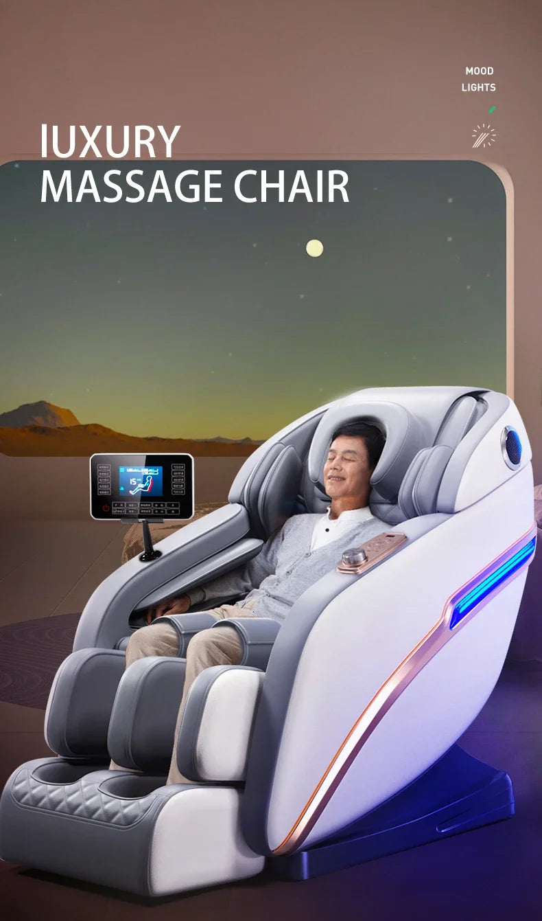  Senior man relaxing in a luxury massage chair with mood lighting

