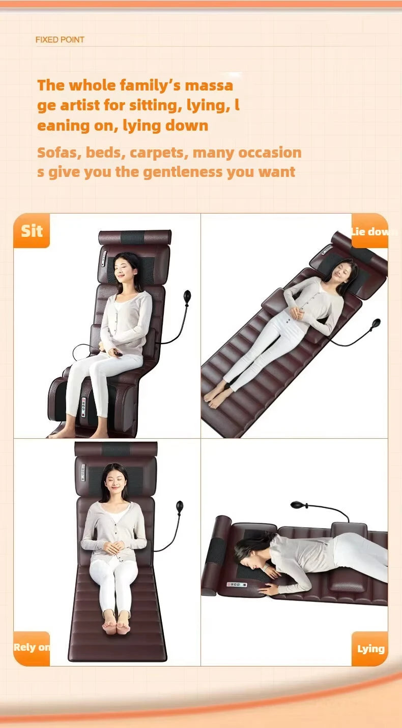  Massage cushion shown used in multiple positions: sitting, lying, reclining, and leaning