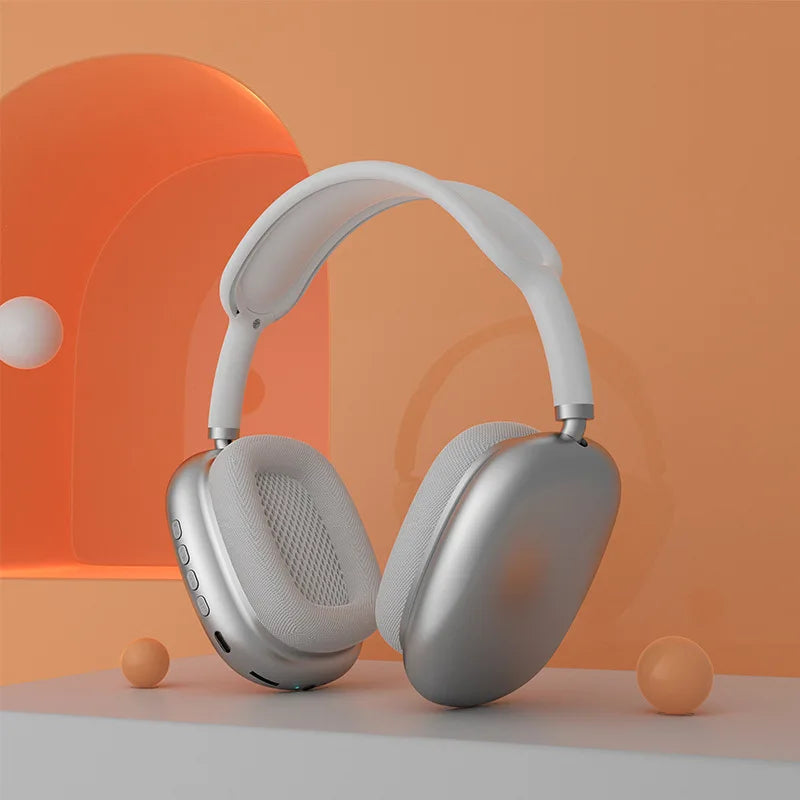 P9 silver Bluetooth headphones on display – side view with control buttons and mic