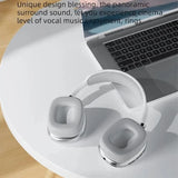  Over-ear P9 wireless headset placed beside laptop – panoramic surround sound