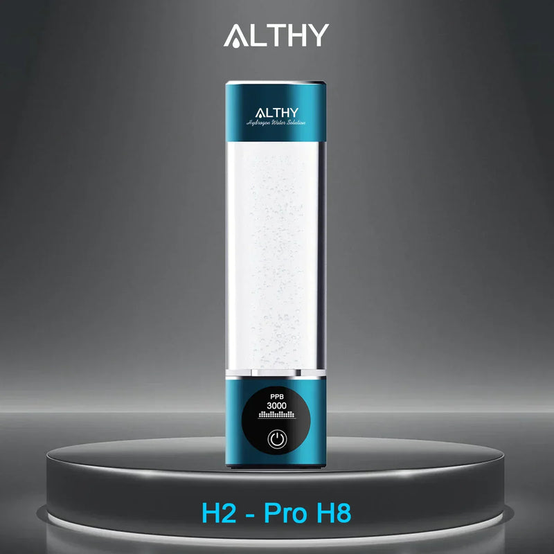 Front view of ALTHY H2Pro H8 Portable Hydrogen Water Bottle on display stand, showing 3000 PPB level – antioxidant-rich water maker