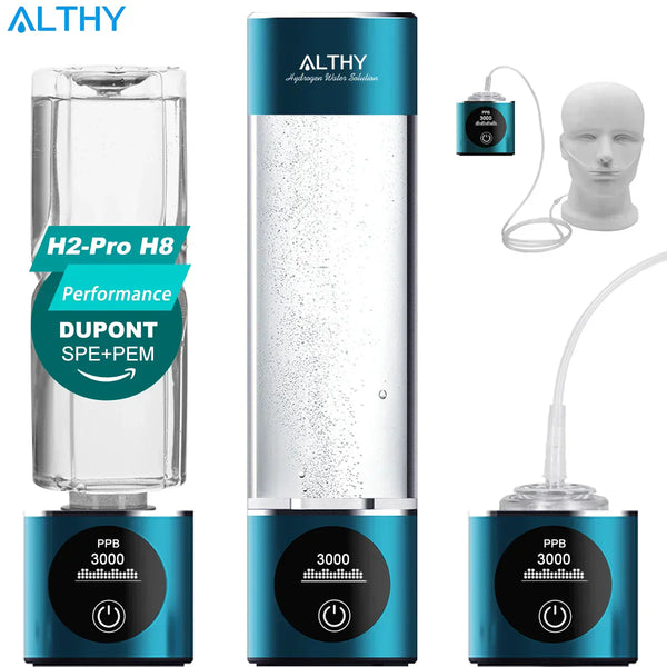 "Portable rechargeable hydrogen water bottle with 3000ppb generator and nasal inhalation kit – ALTHY H2-Pro H8 SPE+PEM technology"