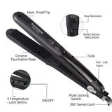 Close-up of steam straightener features including tourmaline plates, steam button, and swivel cord