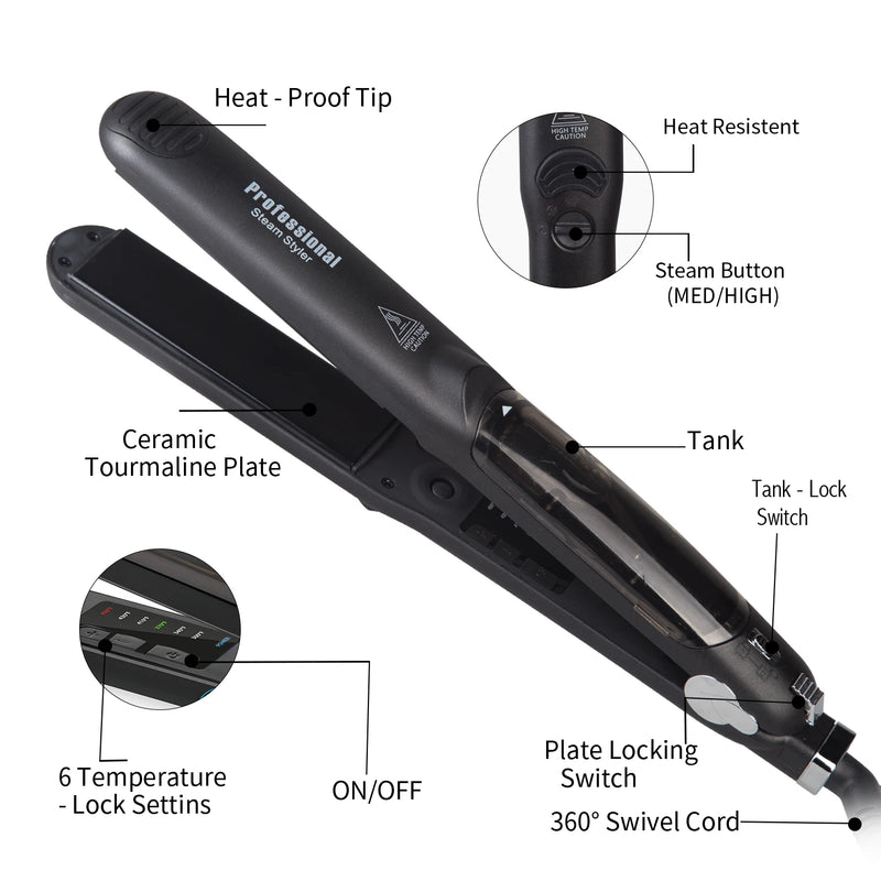 Close-up of steam straightener features including tourmaline plates, steam button, and swivel cord