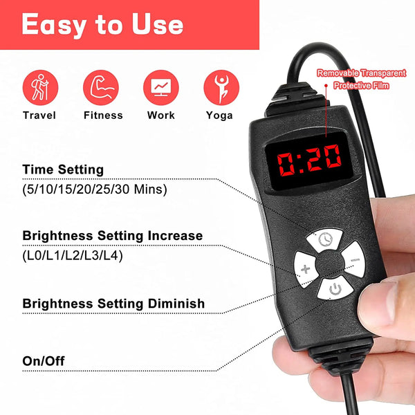  Red light belt controller with adjustable brightness and timer settings