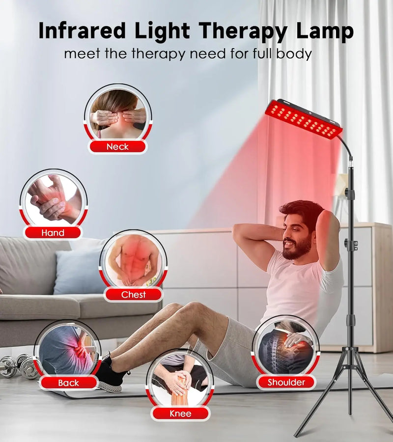 Red light therapy targeting specific body areas such as back, neck, shoulders, chest, and knees for pain relief

