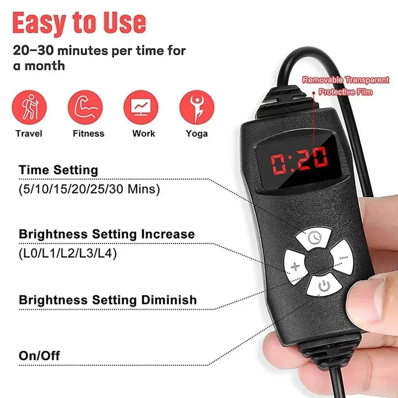 Easy-to-use remote control for infrared light therapy lamp showing time and brightness adjustment options