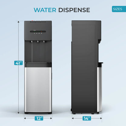  Size dimensions of SIMZLIFE dispenser showing front and side views (41" x 12" x 14")