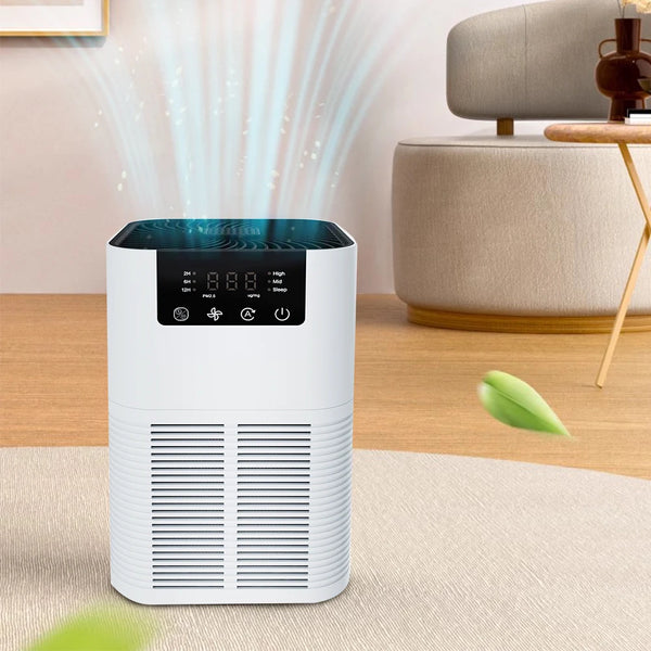  HEPA air purifier with touch control panel and top air vent emitting purified airflow in modern living room