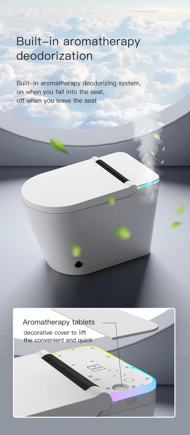  Built-in aromatherapy deodorizing system in smart toilet with LED lighting.