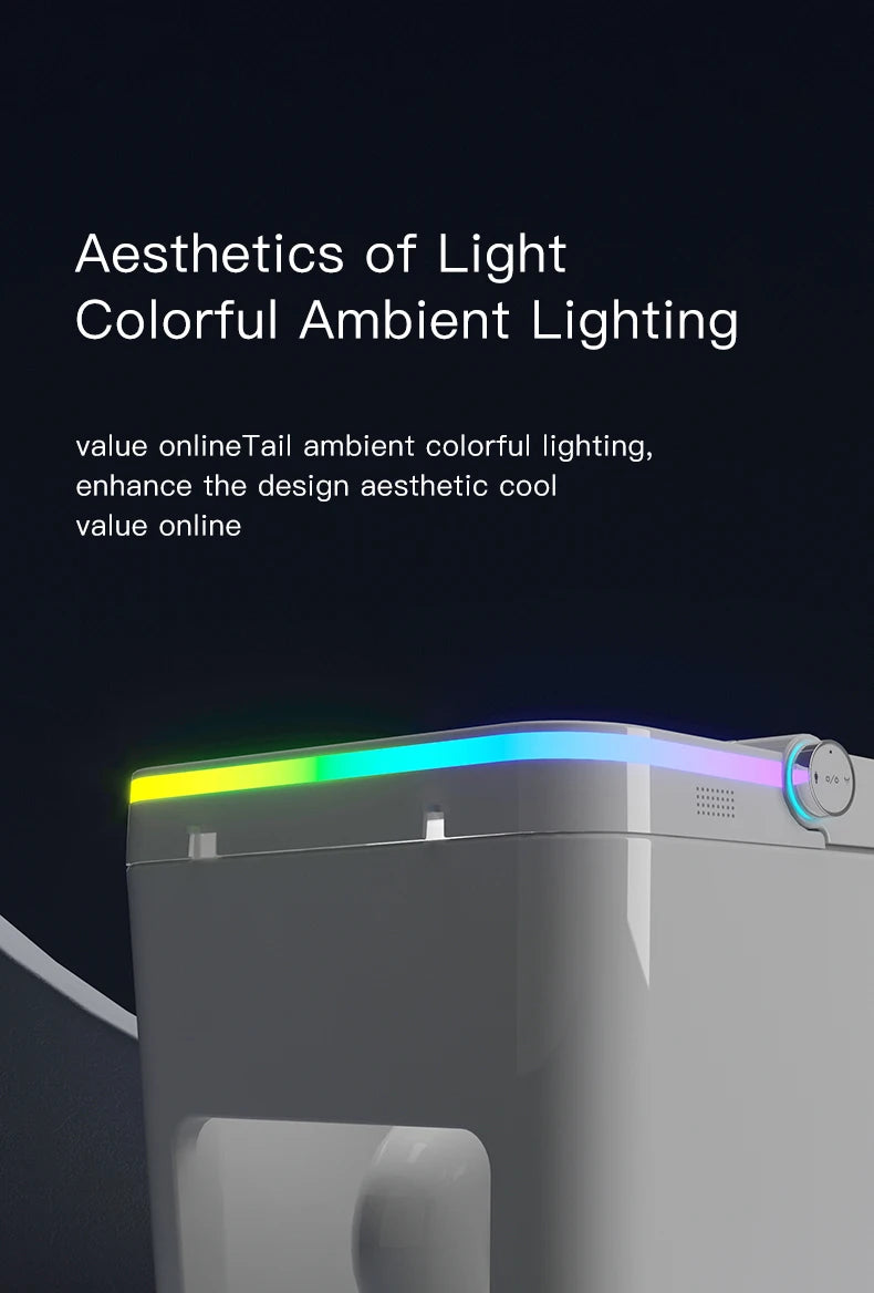 Compartment for aromatherapy tablets in smart toilet with colorful LED strip.
