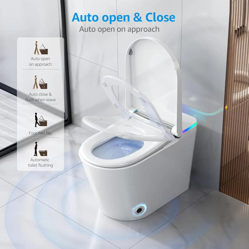  Smart toilet with auto open and close lid, foot sensor flush, and elongated seat.