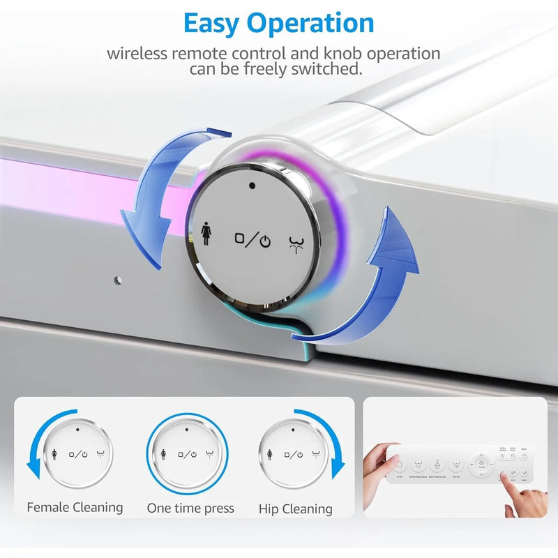  Close-up of smart toilet control knob and wireless remote for bidet and flush functions.