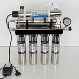 Close-up image of STARWELL water purifier showing stainless steel housing, UV sterilizer, and pressure gauge