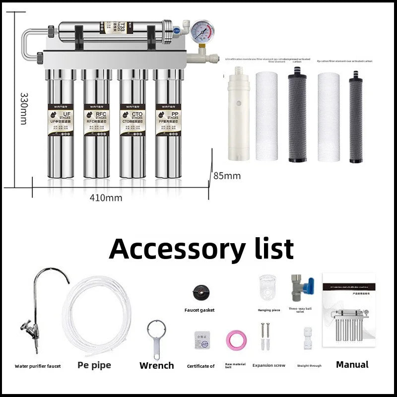 STARWELL water filter size specifications with included accessories like wrench, PE pipe, faucet, and extra filters