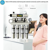  STARWELL stainless steel water filter mounted in kitchen with pregnant woman drinking purified water