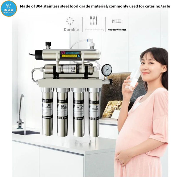  STARWELL stainless steel water filter mounted in kitchen with pregnant woman drinking purified water