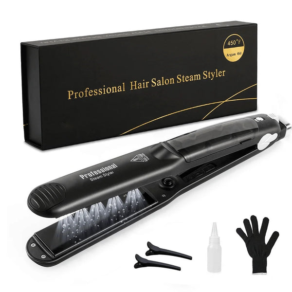 Steam Hair Straightener with 450°F heat, accessories, and retail box for professional salon use