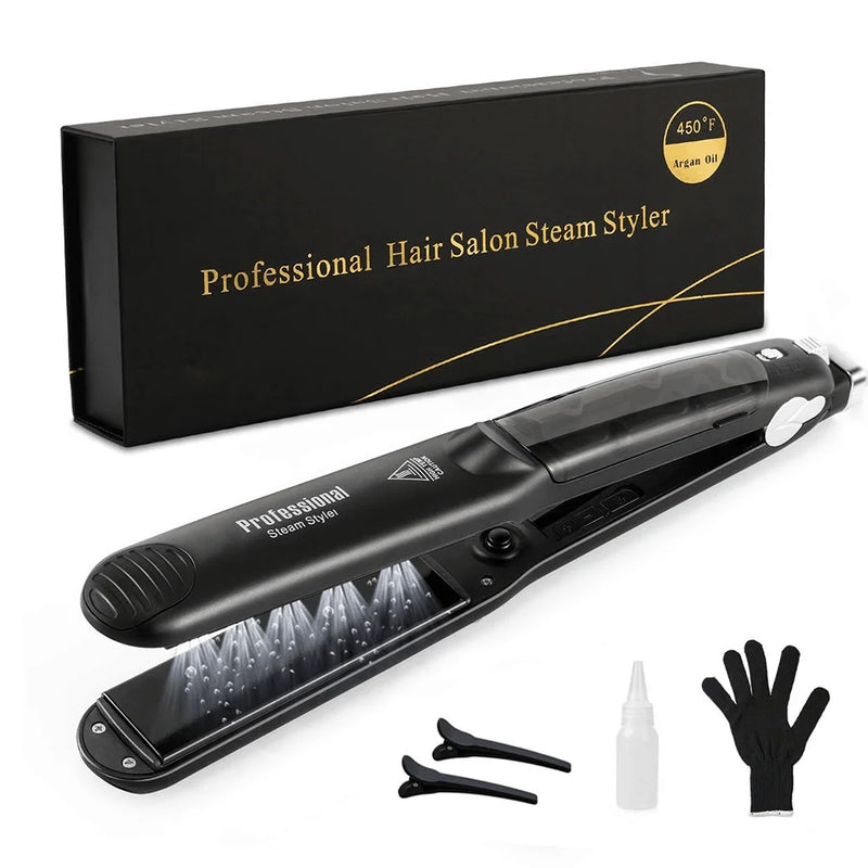 Steam Hair Straightener with 450°F heat, accessories, and retail box for professional salon use