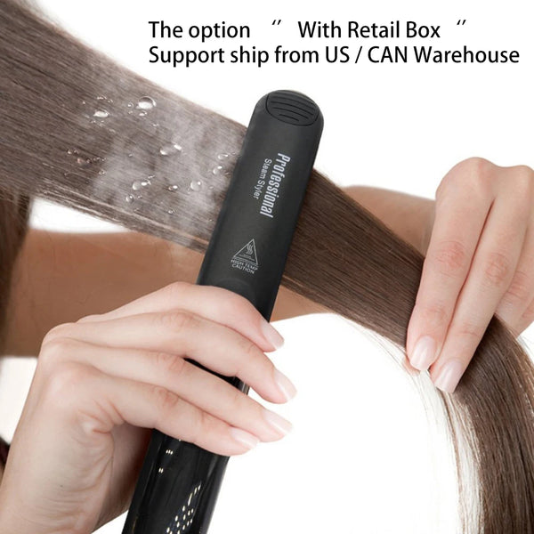 Ceramic steam hair straightener applying mist during styling for smooth, shiny hair