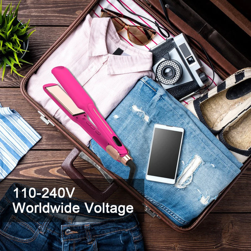  Neon pink flat iron packed inside suitcase for travel with dual voltage label
