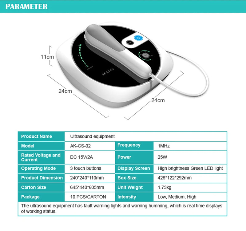 Ultrasound therapy device dimensions, power output, frequency, and operation mode breakdown