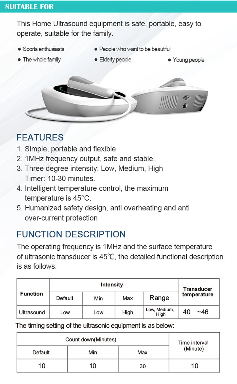 Ultrasound therapy machine features chart showing safe temperature, timing, and intensity modes