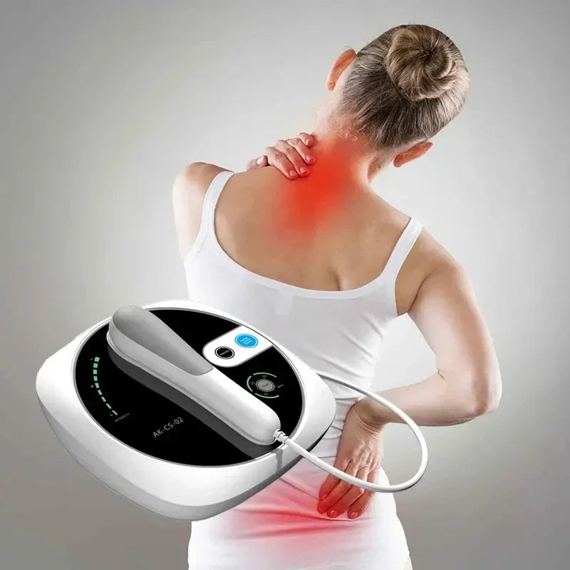Woman using ultrasound therapy device for neck and lower back muscle relief
