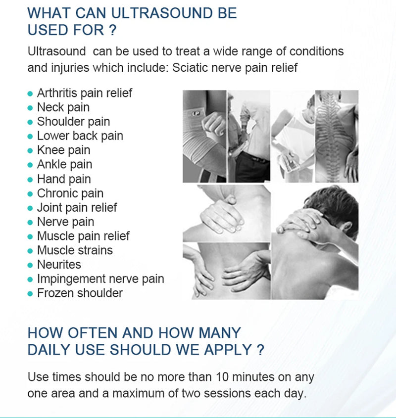  Common conditions treated with ultrasound therapy including arthritis, nerve pain, and joint issues