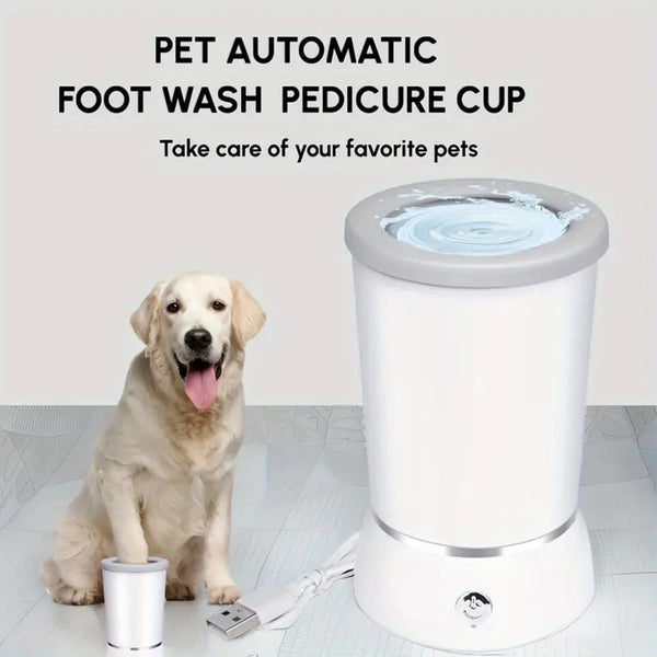 Golden retriever using USB dog paw cleaner – automatic foot washer cup with swirling water and USB cord