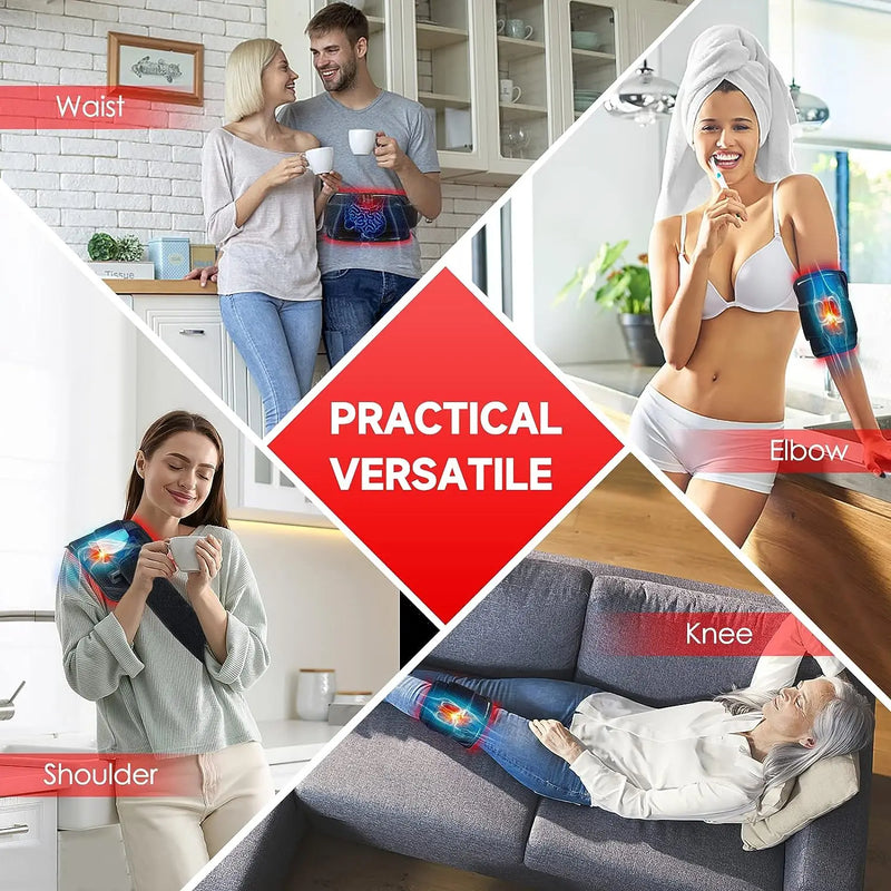 LED therapy belt shown on waist, elbow, knee, and shoulder for pain relief