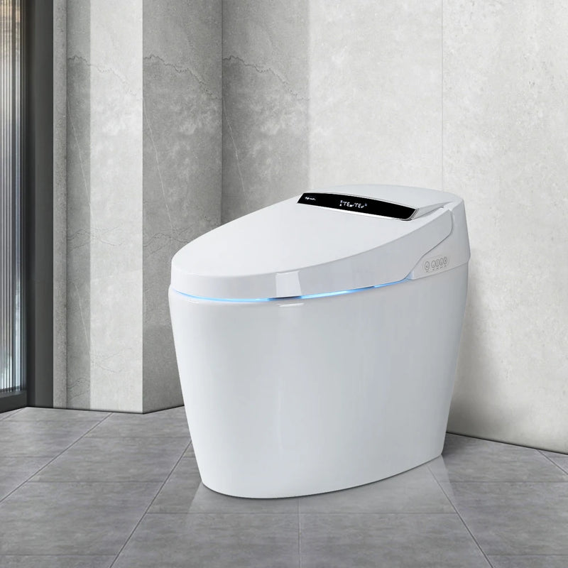 Smart toilet with heated bidet and soft blue ambient light under the lid, closed in a modern bathroom