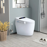 Smart toilet with heated bidet seat and auto lid shown closed in a modern bathroom next to a glass shower