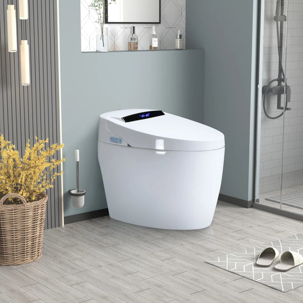 Smart toilet with heated bidet seat and auto lid shown closed in a modern bathroom next to a glass shower