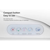 Closeup of smart toilet side control panel with buttons for stop, dry, female wash, rear wash, and flush
