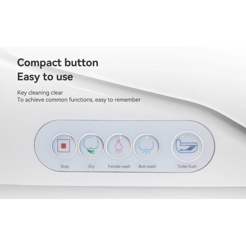 Closeup of smart toilet side control panel with buttons for stop, dry, female wash, rear wash, and flush