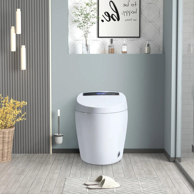 Front view of compact oval smart toilet with integrated bidet and soft close lid