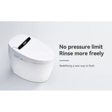 Smart toilet marketing image highlighting flush performance with no water pressure limit