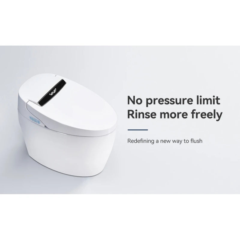 Smart toilet marketing image highlighting flush performance with no water pressure limit