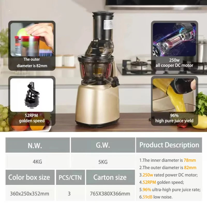 Feature collage highlighting slow DC motor, wide chute, and high juice yield.
