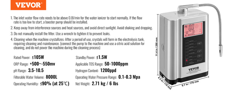 VEVOR Alkaline Water Ionizer Machine pH 3.5-10.5 Alkaline Acidic Hydrogen Water Purifier 7 Water Settings Home Filtration System