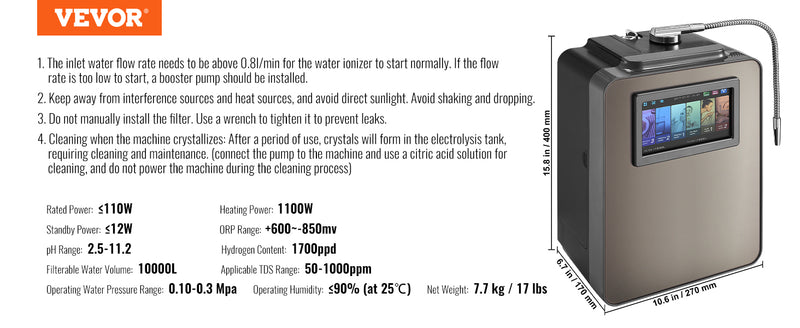 VEVOR Alkaline Water Ionizer Machine pH 3.5-10.5 Alkaline Acidic Hydrogen Water Purifier 7 Water Settings Home Filtration System