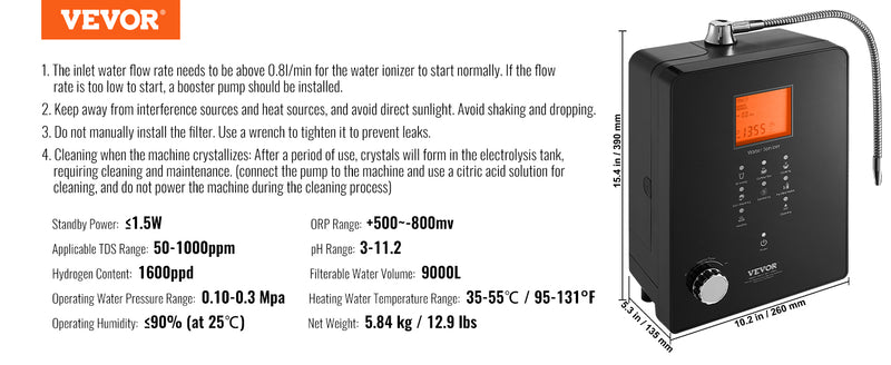 VEVOR Alkaline Water Ionizer Machine pH 3.5-10.5 Alkaline Acidic Hydrogen Water Purifier 7 Water Settings Home Filtration System