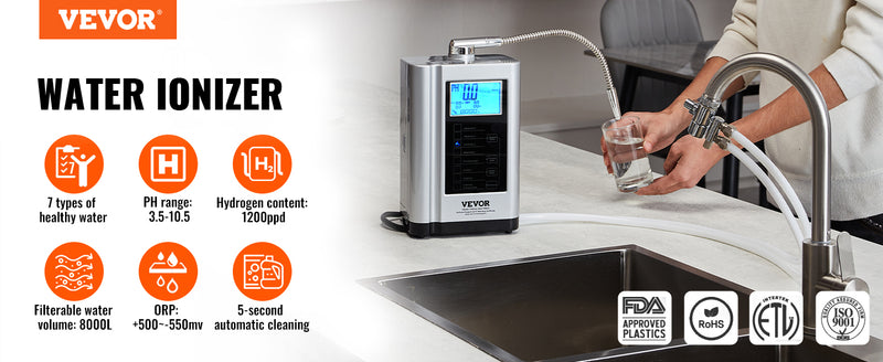 VEVOR Alkaline Water Ionizer Machine pH 3.5-10.5 Alkaline Acidic Hydrogen Water Purifier 7 Water Settings Home Filtration System