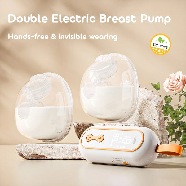 Hands-free wearable breast pump cups and controller on tabletop, BPA free