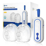 Wearable double electric breast pump kit with two cups and blue-trim controller shown with retail box