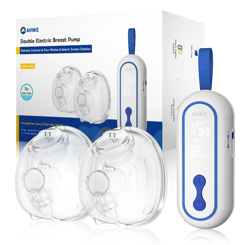 Wearable double electric breast pump kit with two cups and blue-trim controller shown with retail box