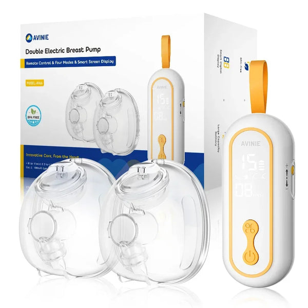 Wearable double electric breast pump kit with two cups and screen controller, retail box