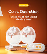 Wearable breast pump cups and controller on bedside books for quiet nighttime pumping