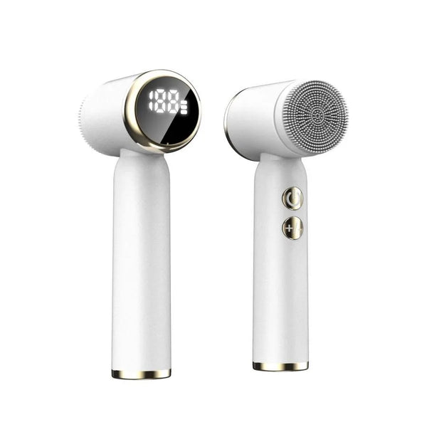 Front and back view of white ultrasonic face cleansing brush with LED display and gold buttons